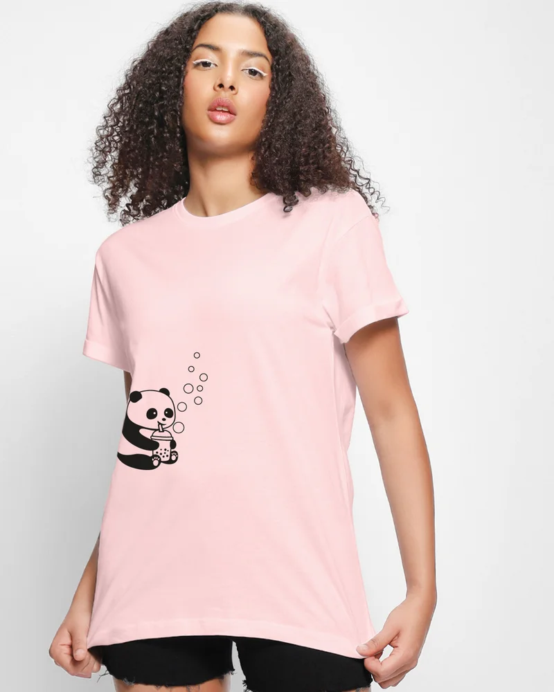 bewakoof Women's Pink Bubble Panda Graphic Printed Boyfriend T-shirt